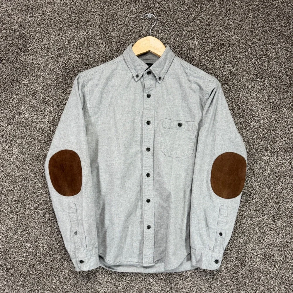 J Crew Flannel Shirt Mens M Gray Cotton Elbow Patches Long Sleeve Button Up